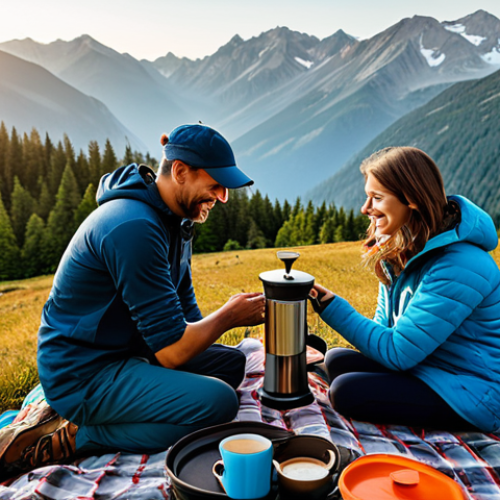 **

A happy family enjoying coffee during a camping trip in the mountains. They are using a portable French press coffee maker. The scene is a scenic mountain vista at sunrise. Everyone is fully clothed in appropriate hiking gear. Safe for work, appropriate content, family-friendly, professional photography, perfect anatomy, natural pose, modest clothing.

**