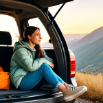 Car Camping Adventure**

"A fully clothed woman, wearing modest hiking attire, sitting in the open doorway of a car, parked in a scenic mountain landscape at sunset, fully clothed, appropriate content, safe for work, perfect anatomy, natural proportions, professional photography, high quality, warm color palette, cozy atmosphere."

**