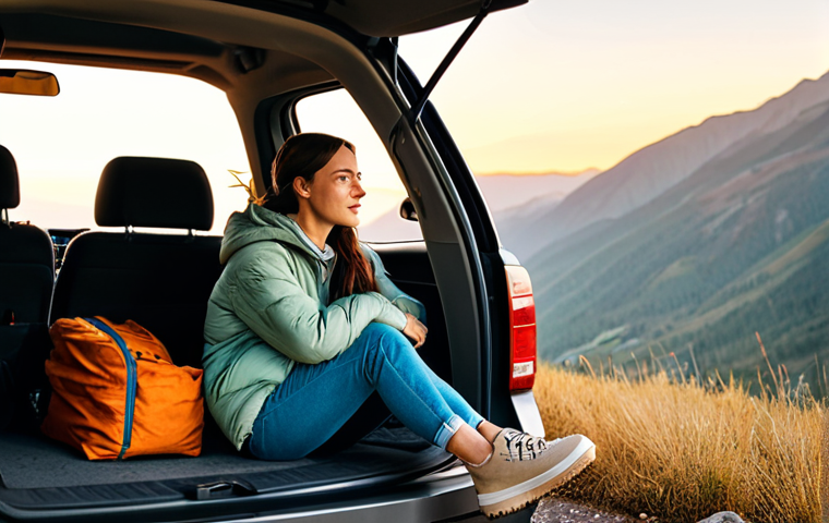 Car Camping Adventure**

"A fully clothed woman, wearing modest hiking attire, sitting in the open doorway of a car, parked in a scenic mountain landscape at sunset, fully clothed, appropriate content, safe for work, perfect anatomy, natural proportions, professional photography, high quality, warm color palette, cozy atmosphere."

**